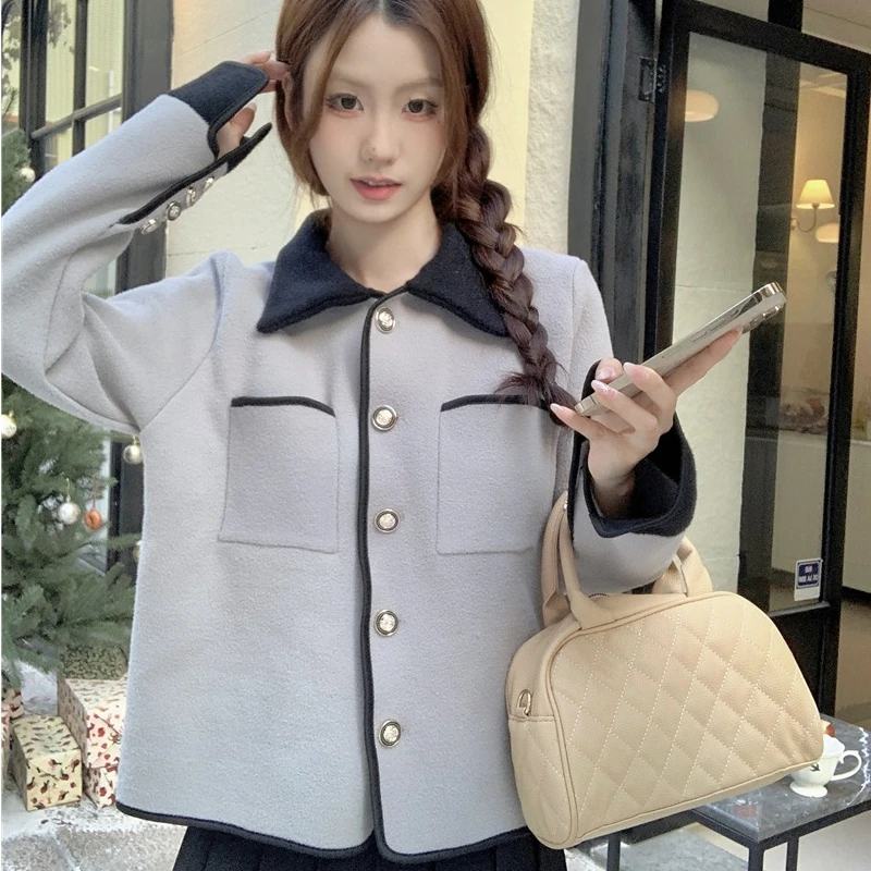 Color Collision Polo-neck Jackets Women Single Breasted Long Sleeve Office Lady Short Coat Korean Versatile Outerwear Female