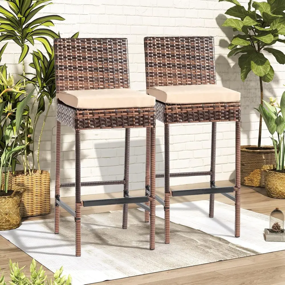 

Set of 2 Cushioned Wicker Bar Stools - Outdoor Patio Furniture for Garden, Pool, and Backyard
