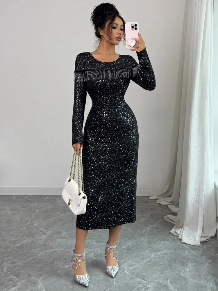 새로운 가을 겨울 우아한 스팽글 라운드넥 긴팔 슬림 여성 블랙 드레스, 파티 클럽 이브닝 여성 바디콘 미디 드레스
