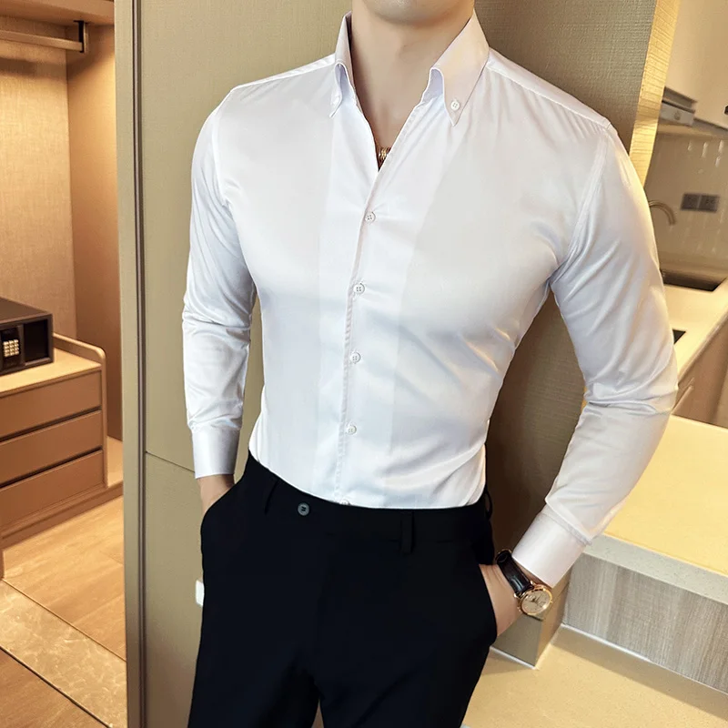 Male Korean Long Sleeve Shirts Men Clothing Simple Slim Fit Business Casual Office Blouse Homme Hot Sale Big Size Tops 4XL-M