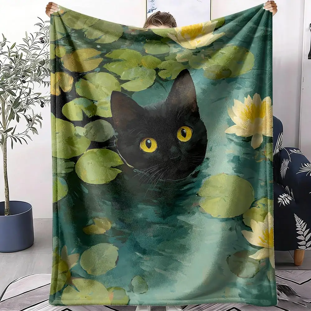 Black Cat in A Lily Pond Throw Soft Flannel Throw Summer AC Blanket Lightweight Cool Nap Blanket for Sofa Bed Couch Travel