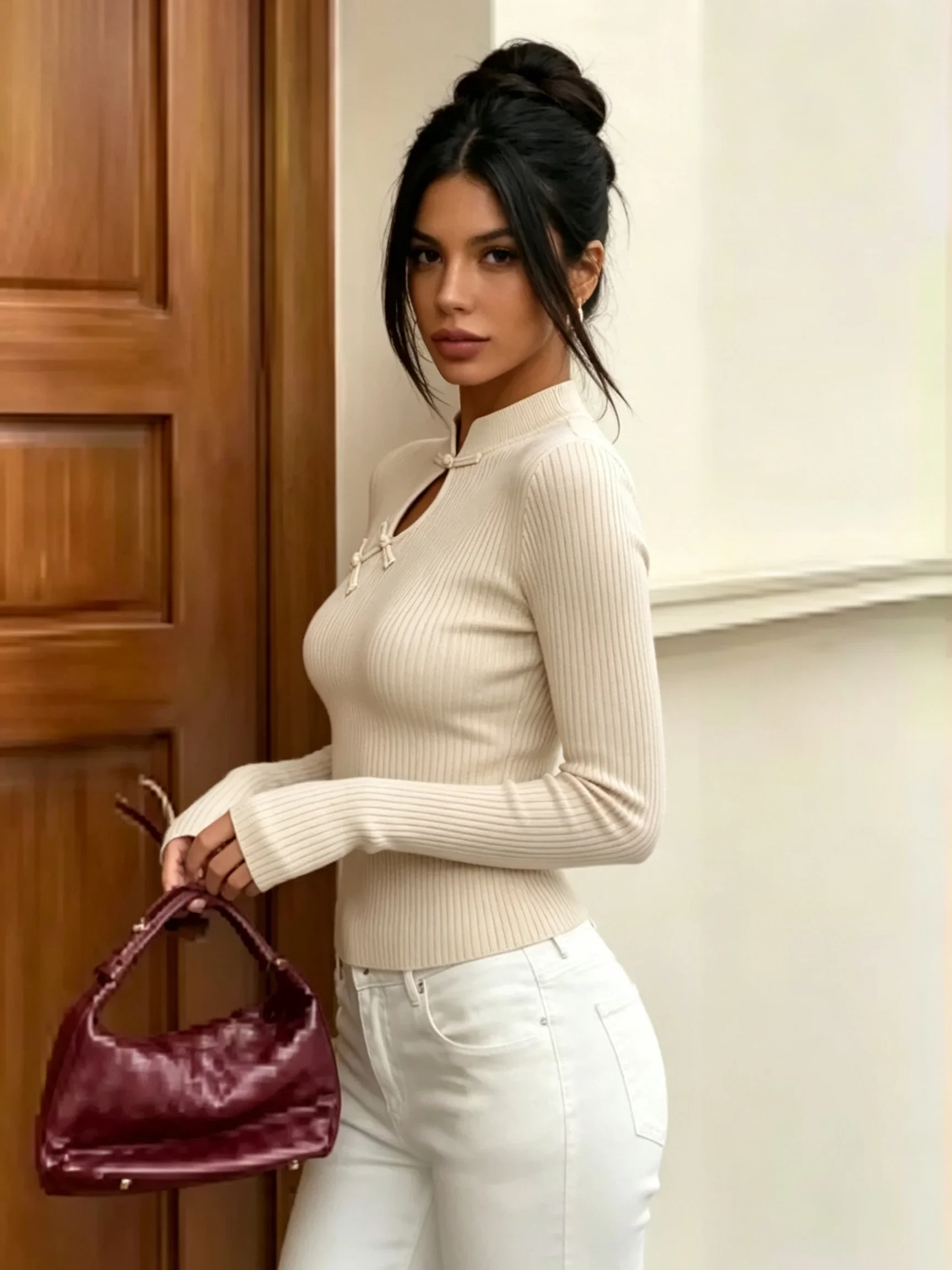 Women Mandarin Collar Knit Top Long Sleeve Ribbed Slim Fit Cropped Chinese Style Stand Collar Cutout Knot Button Pullover Cream