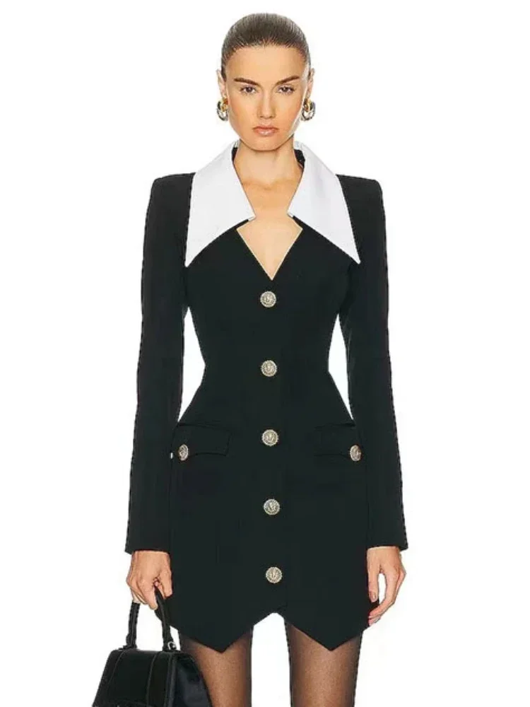 

Sexy Lapel Long Sleeve Buttons Bandage Dress Women Black Parchwork White Single Breasted Mini Bodycon Dresses Elegant Evening