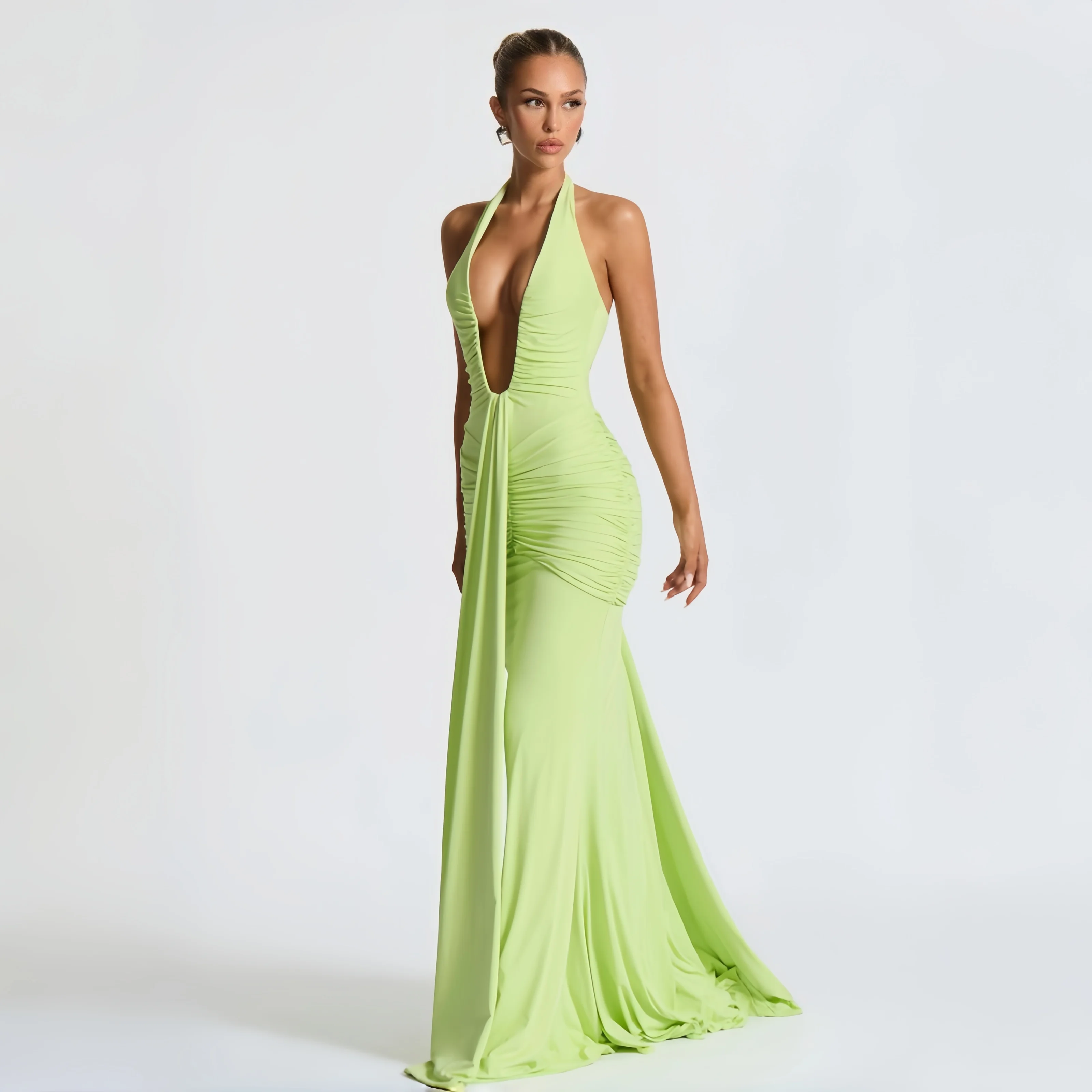 

Trendy Lime Green Halter Deep V Mermaid Maxi Dress Ruched Waist Backless Tie Up Long Gown Formal Evening Party Prom Dresses
