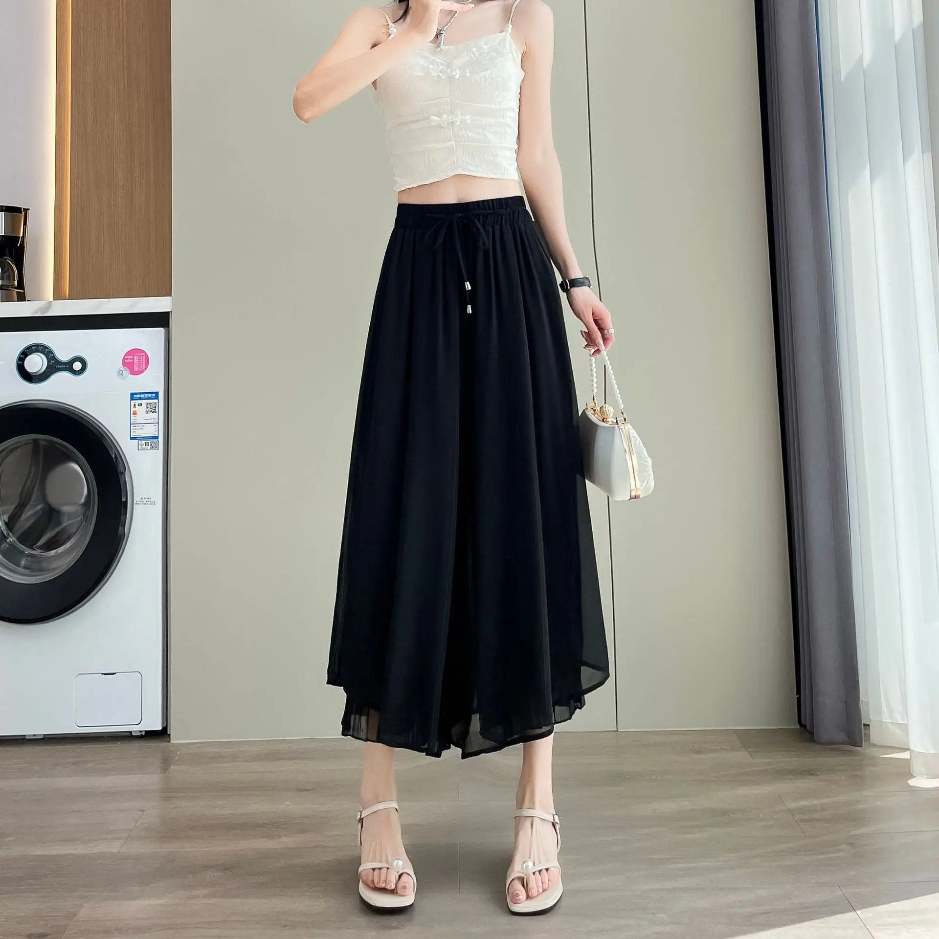 Women Pants Culottes Elastic Wide Leg Irregular Hem Solid Color Summer Casual Loose Pleated Pants Fake Two-piece Skirt Pants