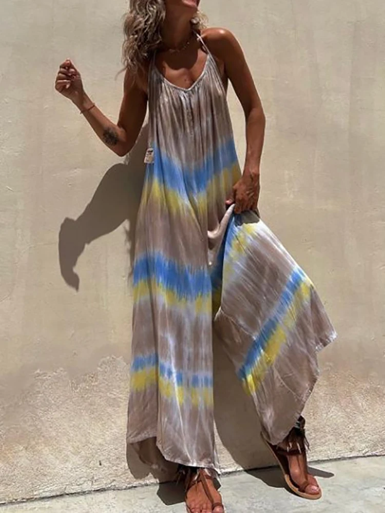 

Sleeveless Printing Playsuits Women Summer Backless Lace-Up Loungewear Jumpsuits Halter Simple Wide Leg Pants Ladies Bodysuits
