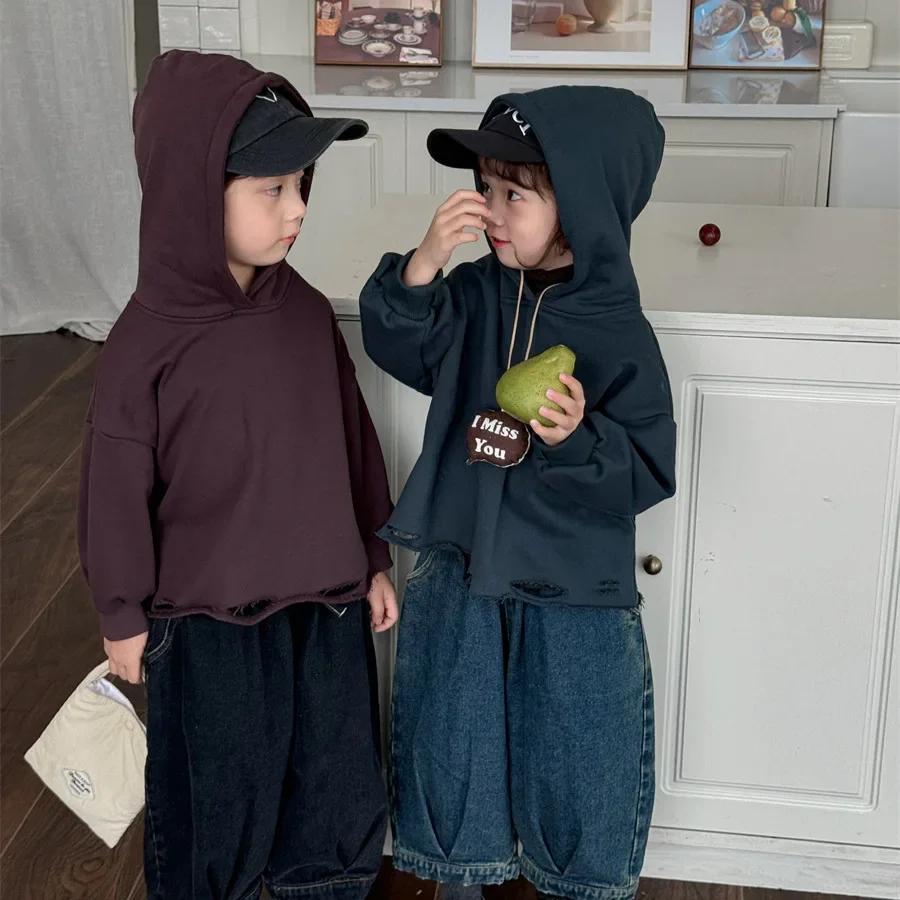 

Children Clothing Solid Color Simple All Match Hoodie 2024 Autumn New Boys and Girls Loose Hoodie Fashion Casual Cotton Top