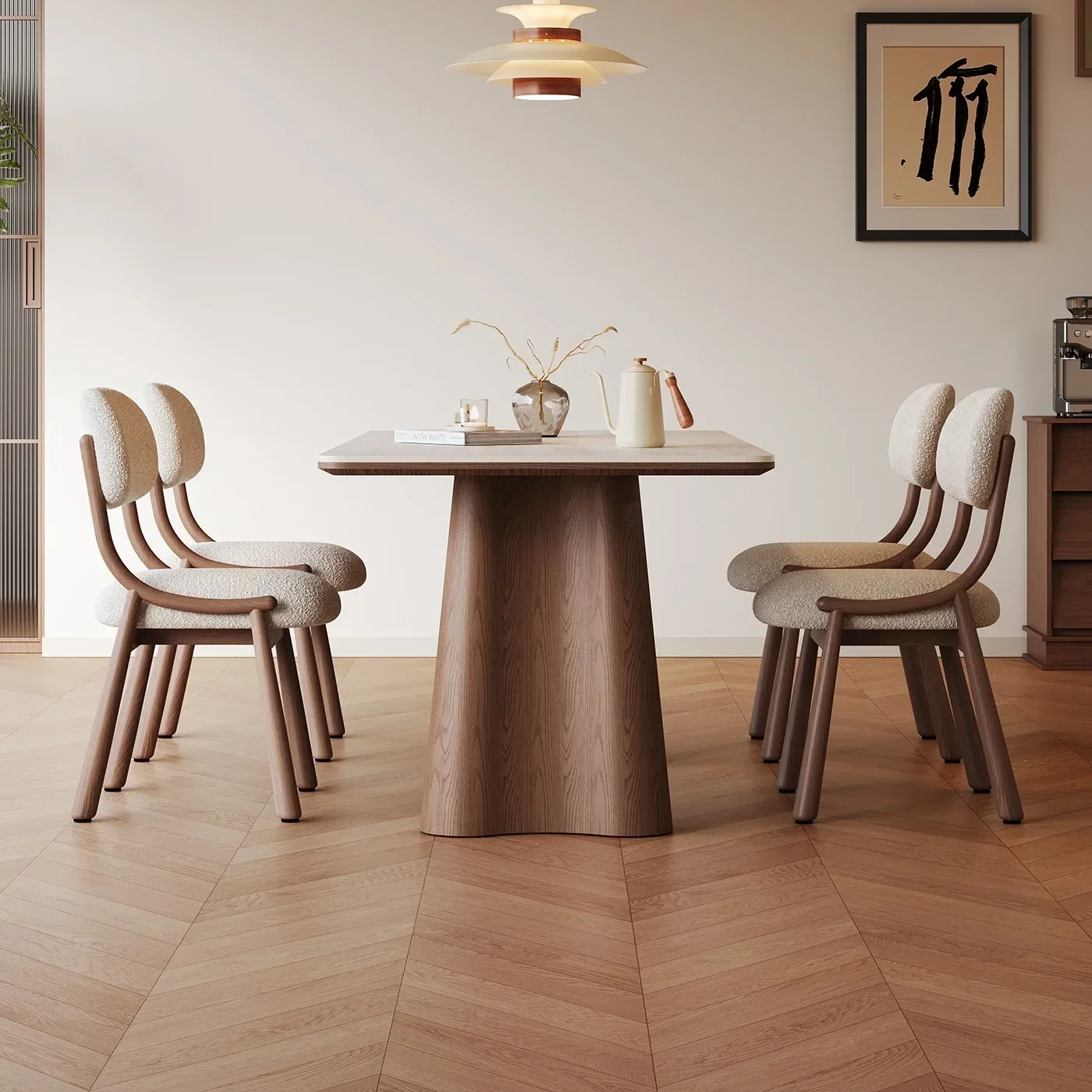 DSA travertine rock slab dining table rectangular medium and ancient style household high-end walnut solid wood rock slab dining