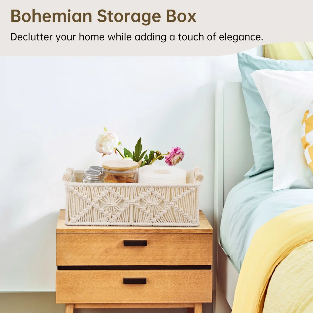 2Pcs Storage Baskets Boho Storage Boxes Macrame Woven Baskets With Wood Handles Boho Decor Shelf Baskets For Bathroom Bedroom