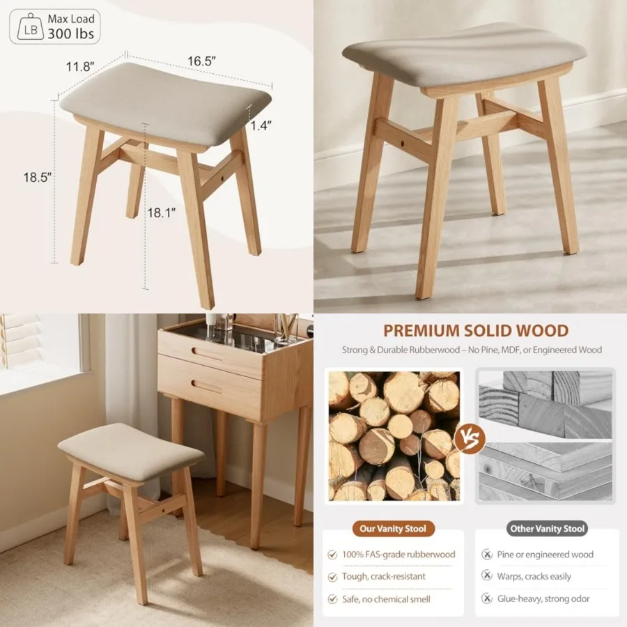 

Solid Wood Vanity Stool, Compact Makeup Chair with Saddle Cushion, Linen-Covered High Rebound Sponge Seat, Easy Assembly Footst
