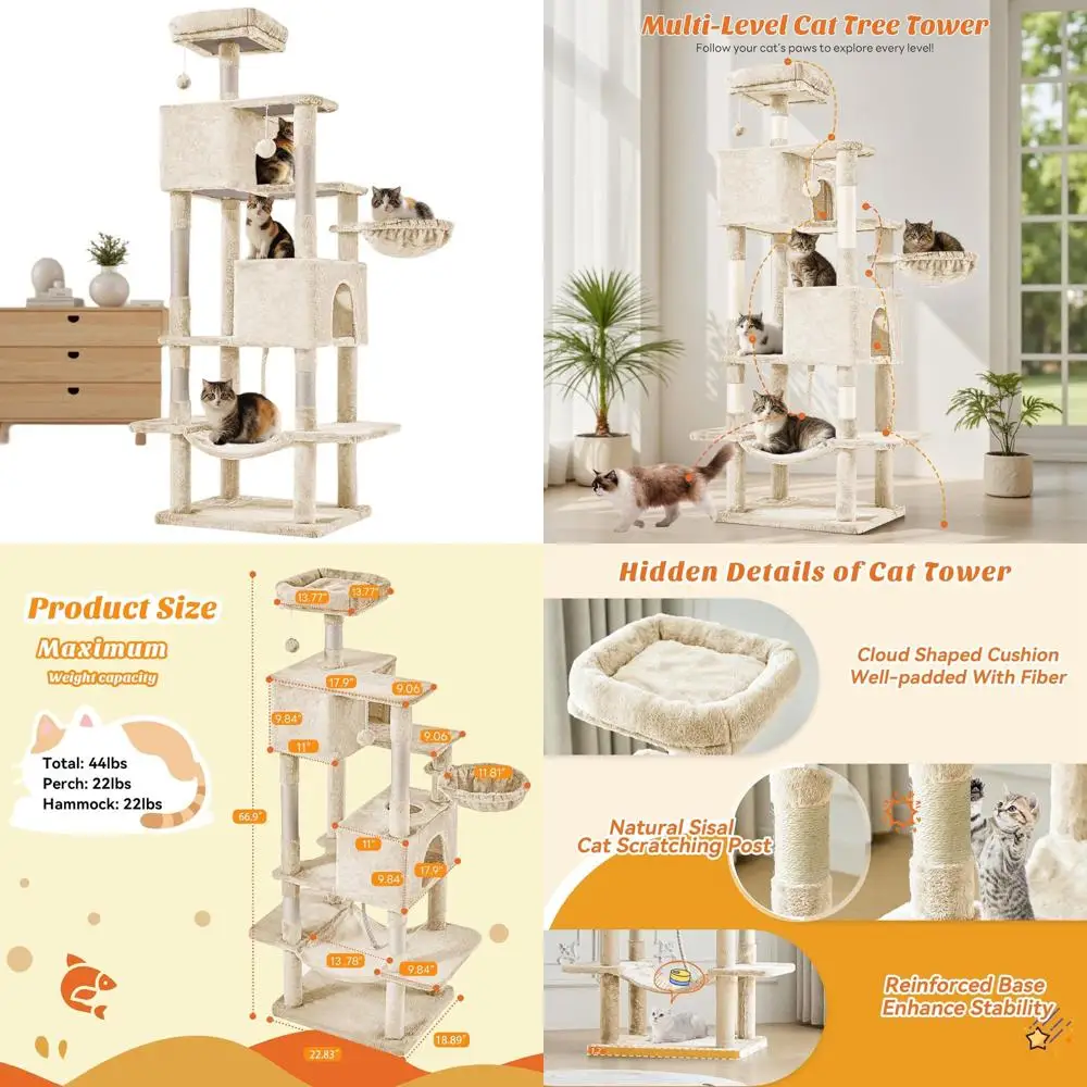 

66 Multi-Level Cat Tower with Sisal Scratch Posts, Hammock & Condo for Indoor Feline Play in Beige