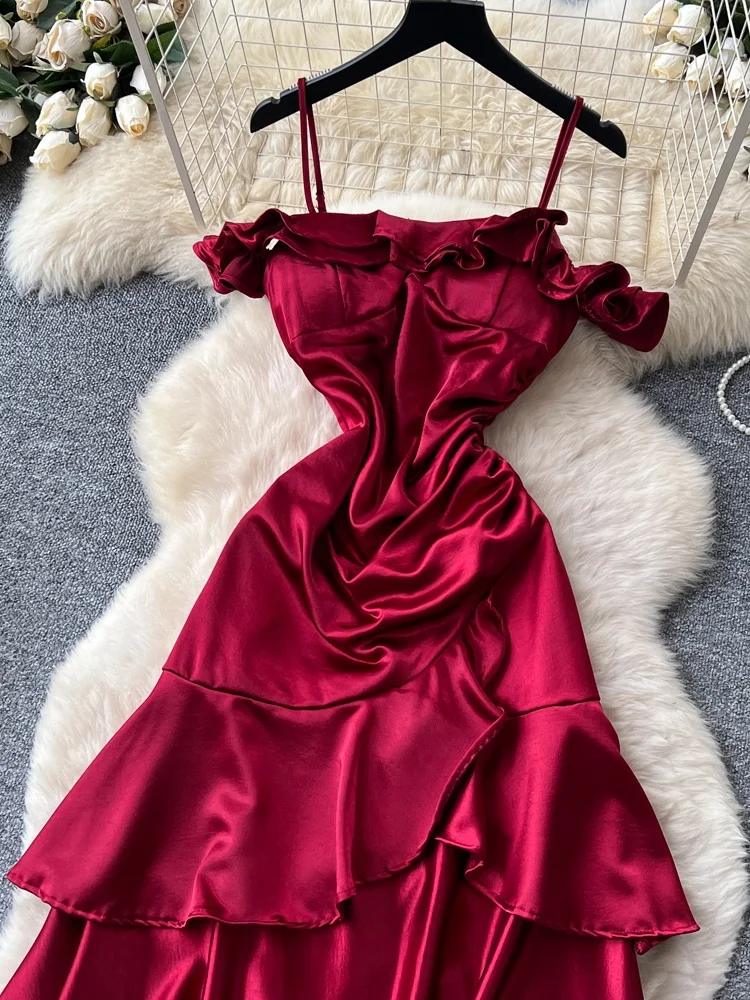 تنورة نسائية متوسطة الطول من الساتان والحرير باللون الأحمر على شكل حرف a بخصر عالٍ فستان مناسب للتنقل الفرنسي Sle Ci