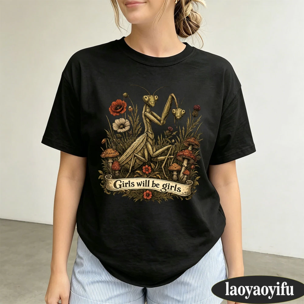 Vintage Praying Mantis Mushroom Wildflower Graphic T Shirt Vintage Gothic Praying Mantis Art Tops Dark Cottagecore Aesthetic Tee