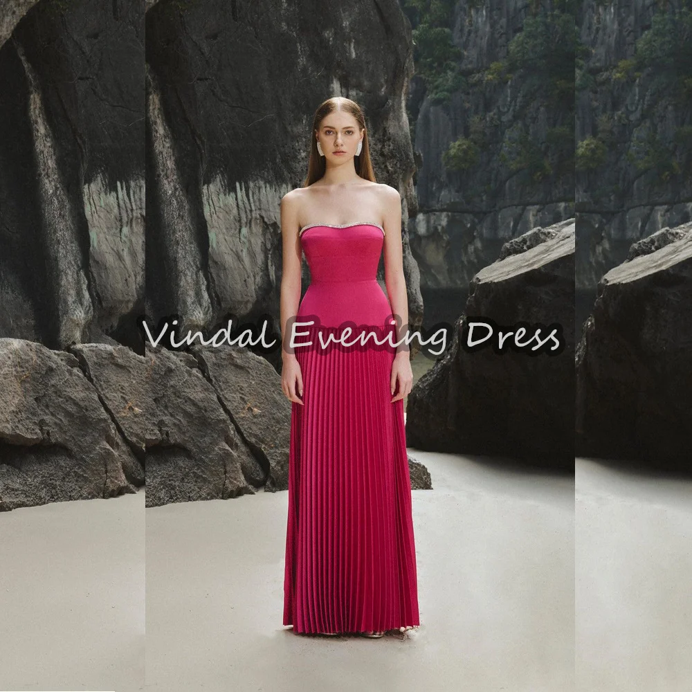 

Vindal Crepe O-neck Straight Floor Length Simple Evening Dresses For Women 2025 With Beading Pleats Saudi Elegant Party Dress