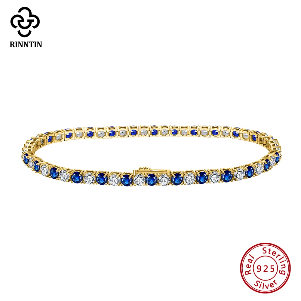 

Rinntin Round Shape Waist Jewelry Sparkling Blue Cubic Zircon CZ Tennis Chain Bracelet Classic 925 Silver Lobster Clasp SB137