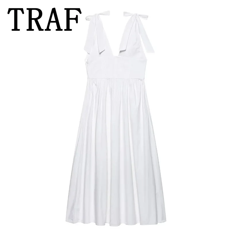 TRAF Dress Woman Sleeveless V-neck Elegant Casual Dresses Elegant Bow Decoration Dresses for Women New Evening Party Dresses