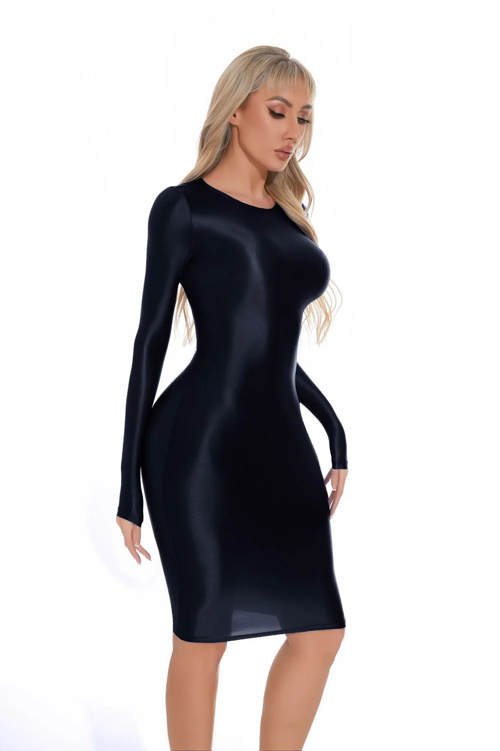 M XL Langarm Glänzendes Midi-Kleid Strumpfhosen-Paket Hüftminirock Sexy Clubwear Vestido Bodycon-Kleider Bodystocking Robe – Detail 7