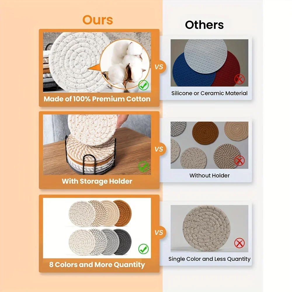 8pcs Cotton Woven Coaster Coffee Cup Mat with Holder High-Temperature Resistant Cup Coasters Absorbent Coasters For Coffee Tea