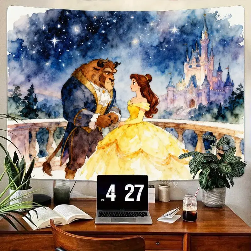 

1 шт., акварельный гобелен принцессы Диснея Белль и чудовище, сказочный замок, звездная ночь, эстетическое настенное искусство для спальни, гостиной