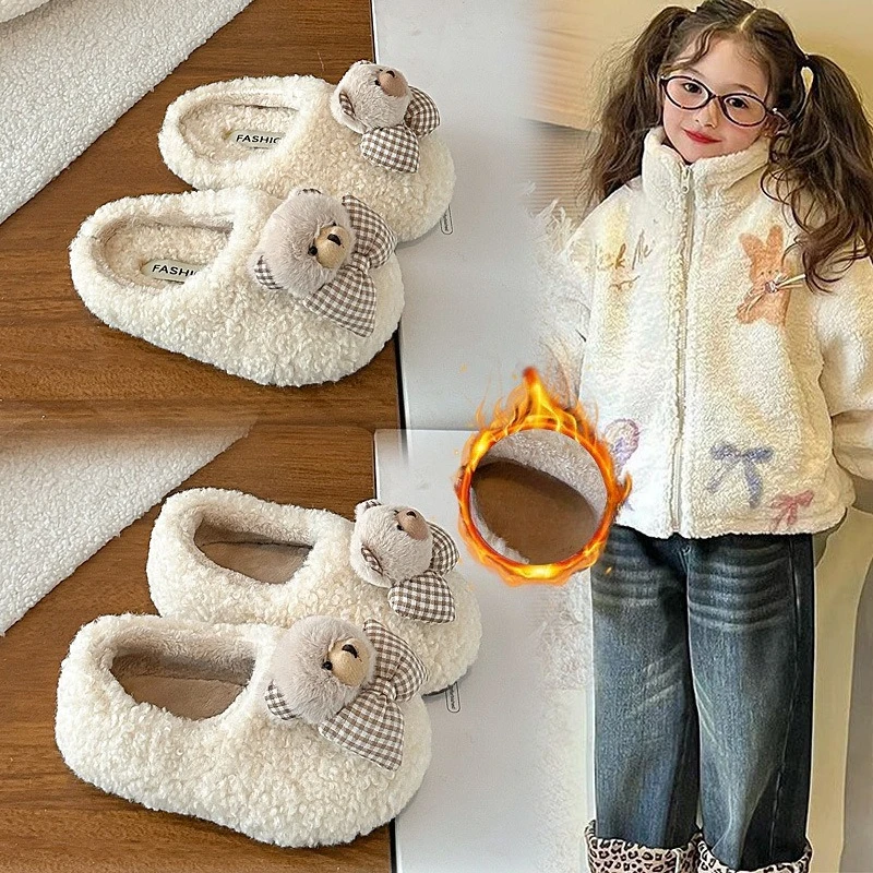 

Girls Suede Warm Shoes with Cute Bears Kids Fashion Flats Soft Bottom 2025 Winter Children Casual Slippers Non-slip Versatile