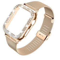 Caixa de diamante e pulseira de metal para iWatch, Ultra 2, pulseira de aço inoxidável, Apple Watch 9, 8, 7, 45mm, 44mm, 40mm, 41mm, série 6, 5, 4