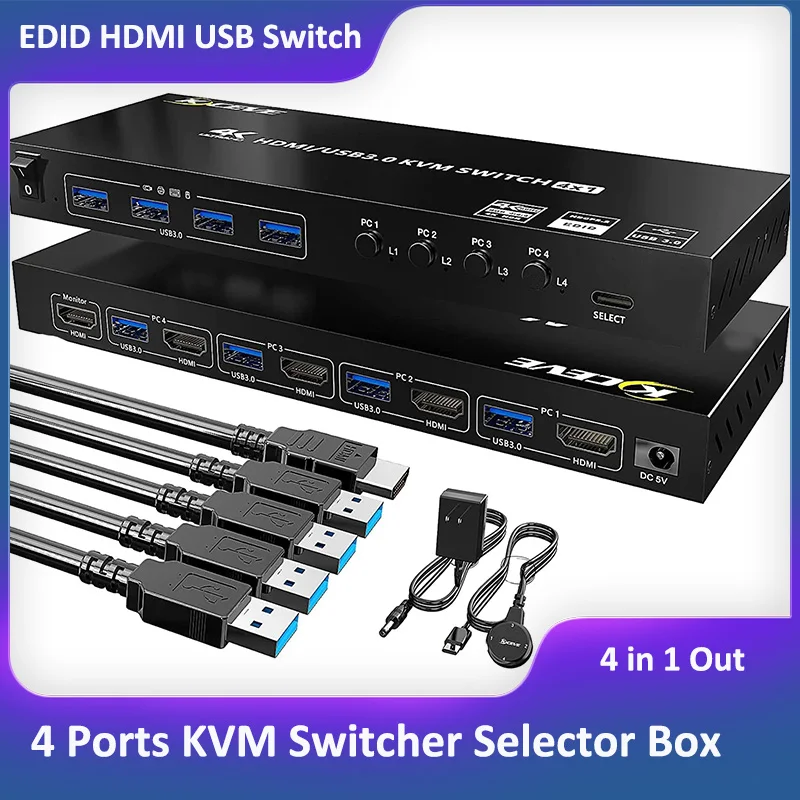 

4 Ports KVM Switcher Selector Box with EDID Emulator Function, Support 4K@60Hz Resolution for 4 Computers Share Mouse Keyboard