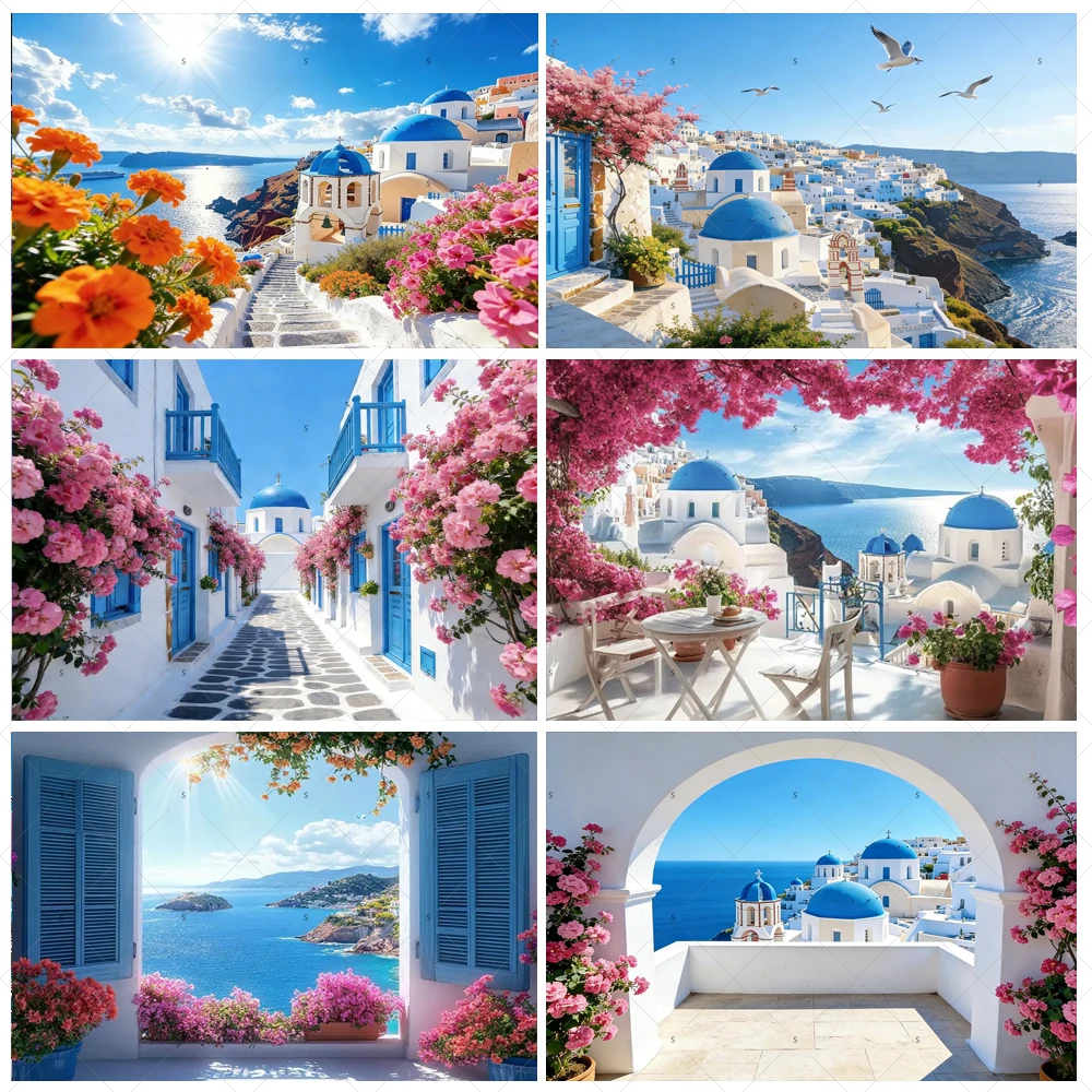 

Nordic Greek Landscape Home Party Decorations Santorini Island Town Blue Dome Church Santorini Aegean Sea Photography Backdrop