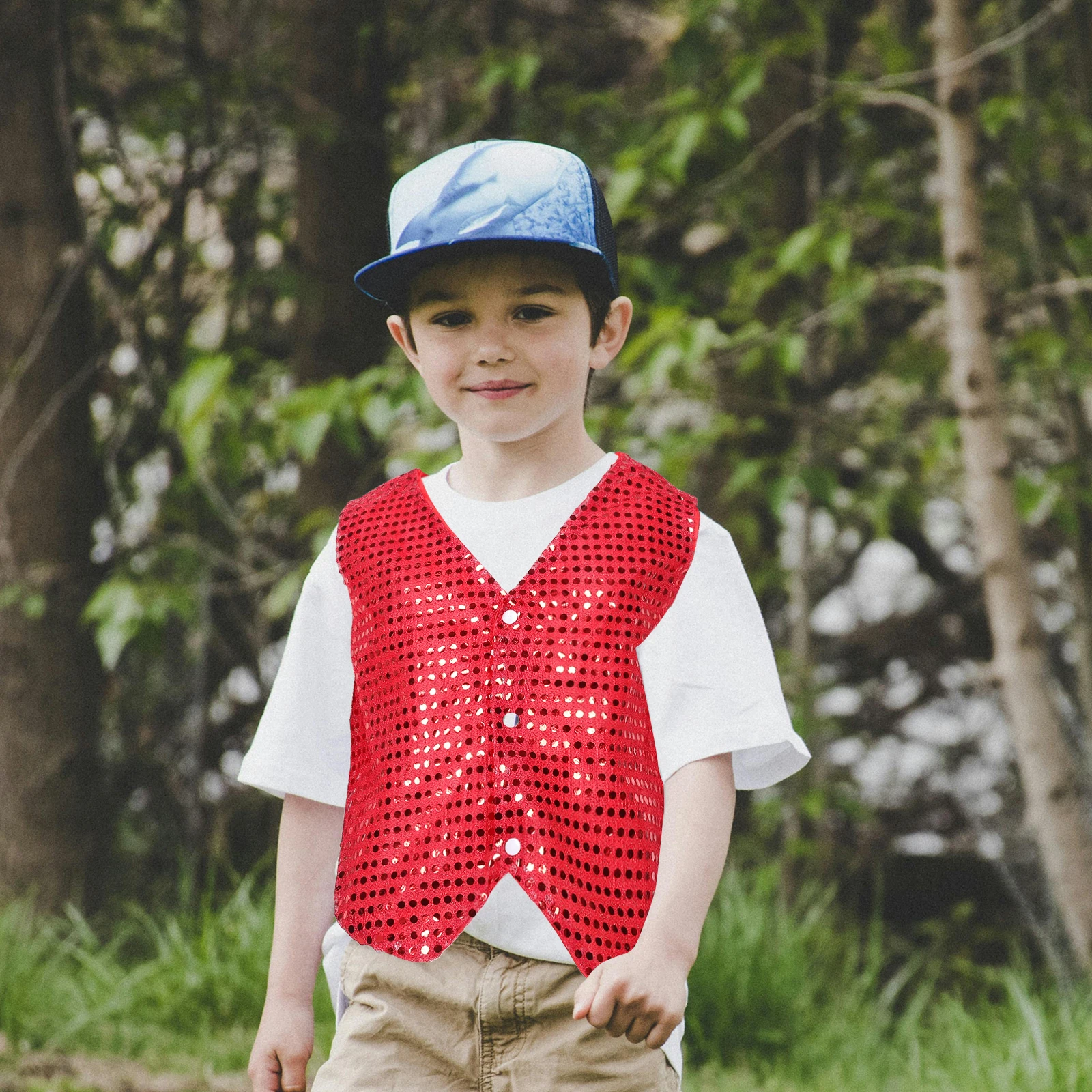 Gilet con paillettes glitterate per bambini 140 cm rosso senza maniche costume da ballo jazz hip-hop gilet lucido per abbigliamento da prestazione del circo per feste