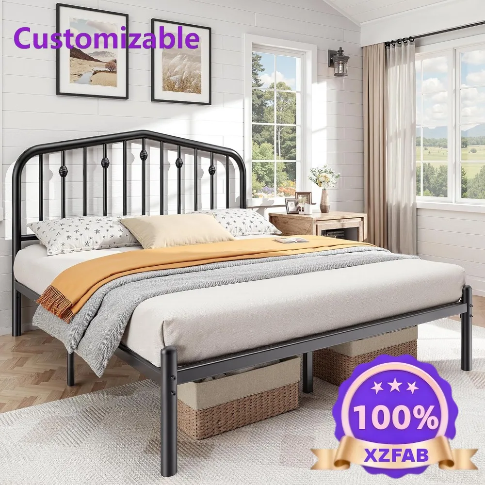 Factory Direct 2026 14 Inch Queen Sturdy Rustic Metal Bed Frame,  Queen Bed Frame with Headboard and 12.5