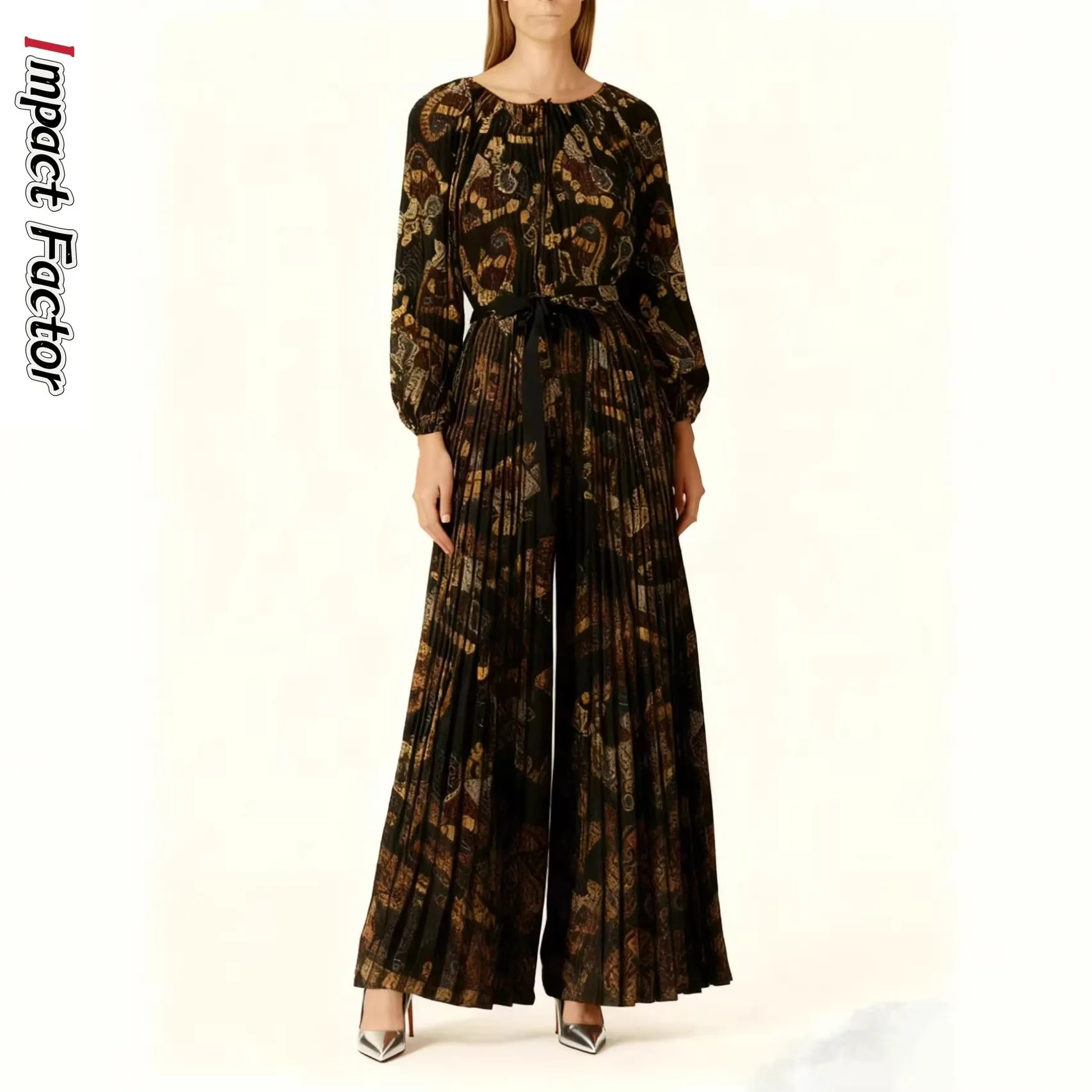 

2026 модный свободный костюм с принтом Мияке, темпераментный свободный мясной чехол, атмосфера, элегантные широкие брюки, комплект из двух предметов для женщин