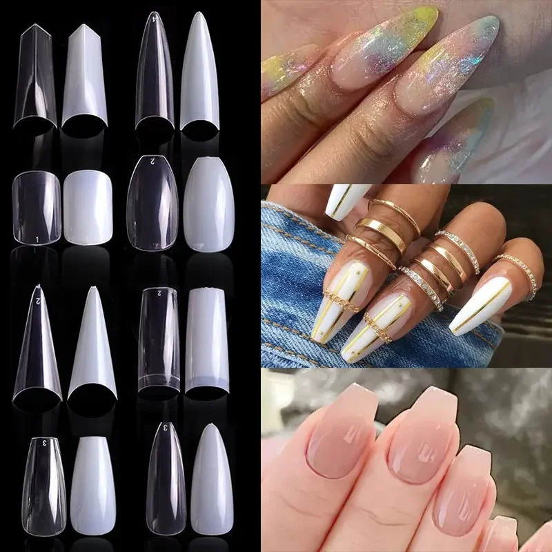 500pcs/bag Coffin False Nail Tips Clear Ballerina Stiletto Rounded Square Acrylic Fake Nails Extension System UV Gel Manicure