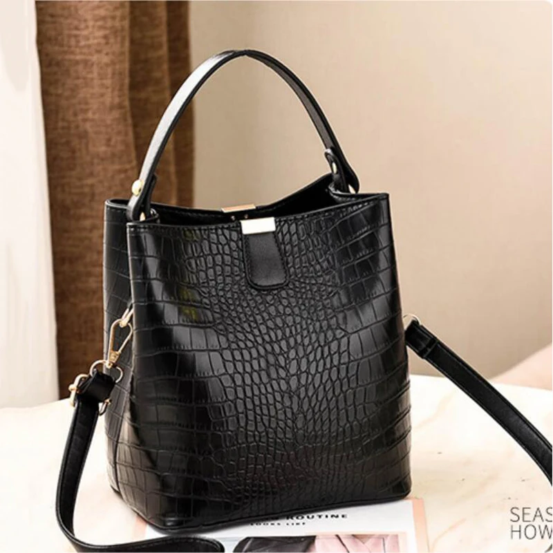 Retro Alligator Bucket Bags Women Crocodile Pattern Handbag Capacity Casual Crocodile Shoulder Messenger Bags Ladies PU Purse