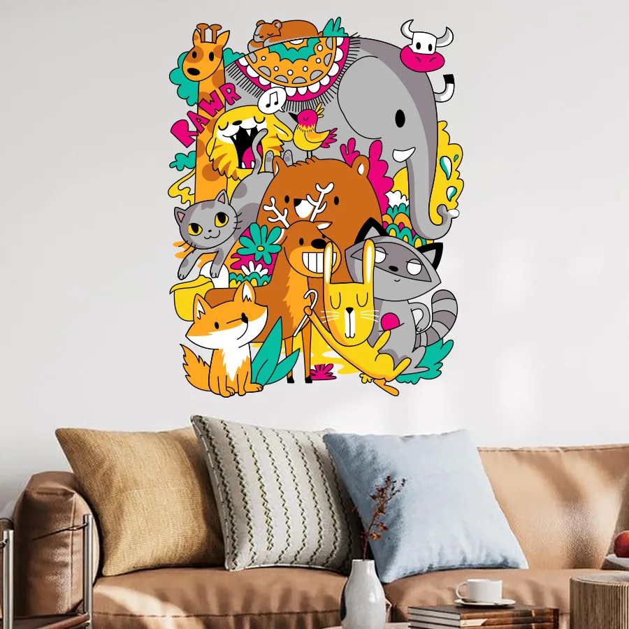 Cartoon Animals Gather Together Wall Sticker Boho Pop Art Fun Wallpaper Playroom Jungle Kids Girls Room Nursery Wall Decoration