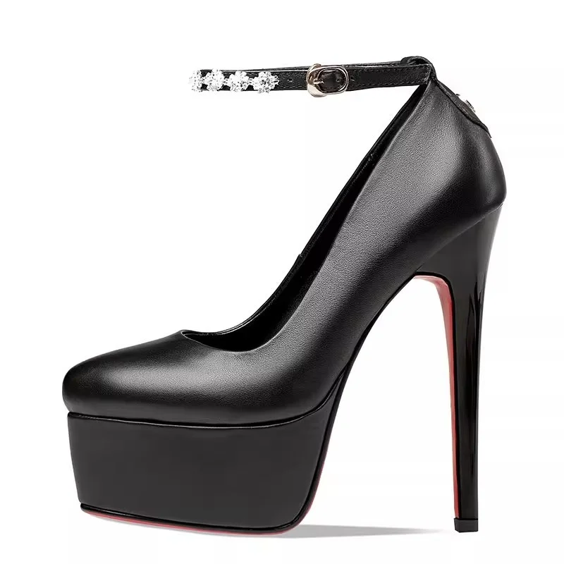 15CM stiletto high heels autumn new one-word buckle pointed toe leather catwalk shoes waterproof platform banquet women's shoes