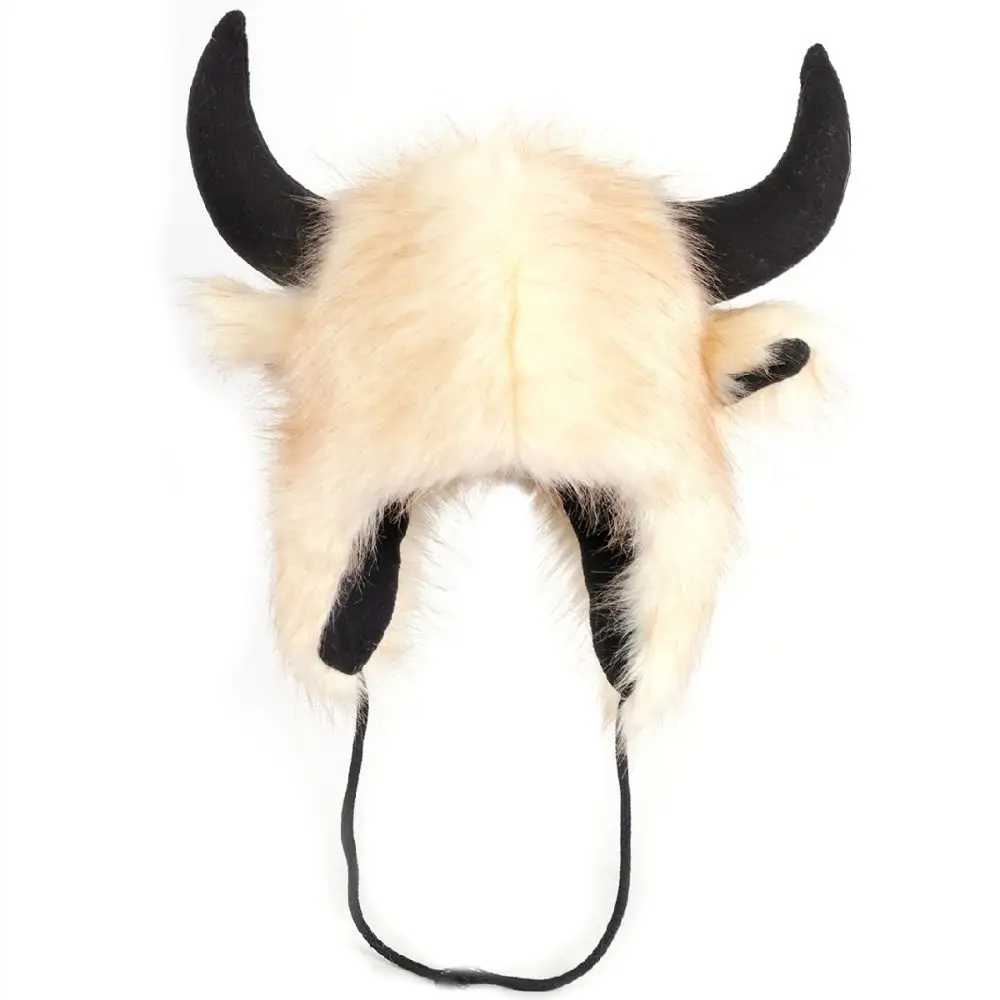 High Quality Unisex Bullhead Plush Hat with Horns Fluffy Bison Hat Thick Windproof Earflap Hat