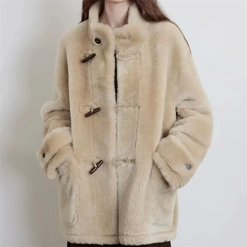 Frauen Mantel 2024 Winter Neue Lose Stehkragen Casual Pelz Integrierte Mantel Lange Mode Faux pelz Einfarbig Pendeln jacke WF