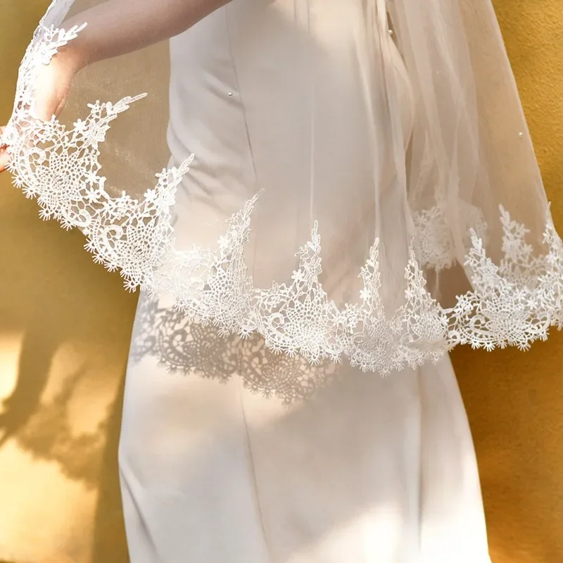 Lace Bridal Short Veil Pearl Bride Wedding Accessories Veils with Hair Comb