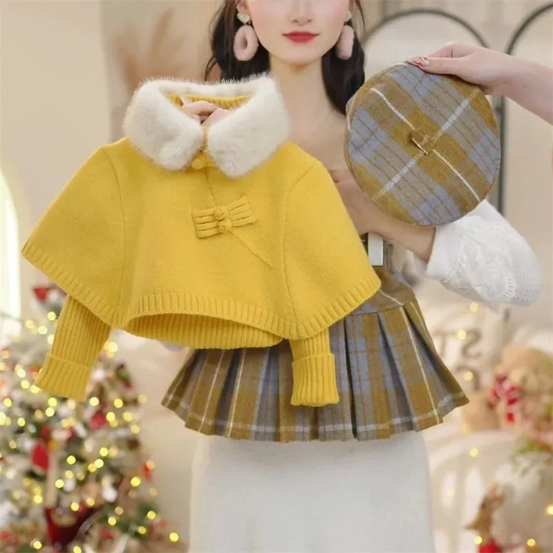 New Chinese Style Girls 2026 Autumn Winter New Yellow Button Down Faux Fur Collar Cape Sweater Plaid Pleated Skirt Two Piece Set