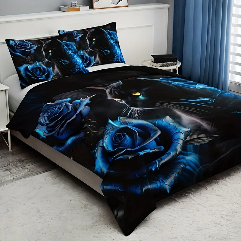 3pcs 3D Black Cat Blue Rose Bedding Set, Floral Animal Duvet Cover Set (1 Duvet Cover + 2 Pillowcases, No Inserts)