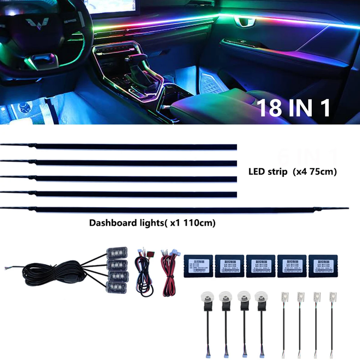 NONE LED Umgebungslicht Auto Innenbeleuchtung Streifen Neon RGB Umgebungslampe Auto Auto Dekoration Zubehör 18/10/6 in 1, 64 Farben 7