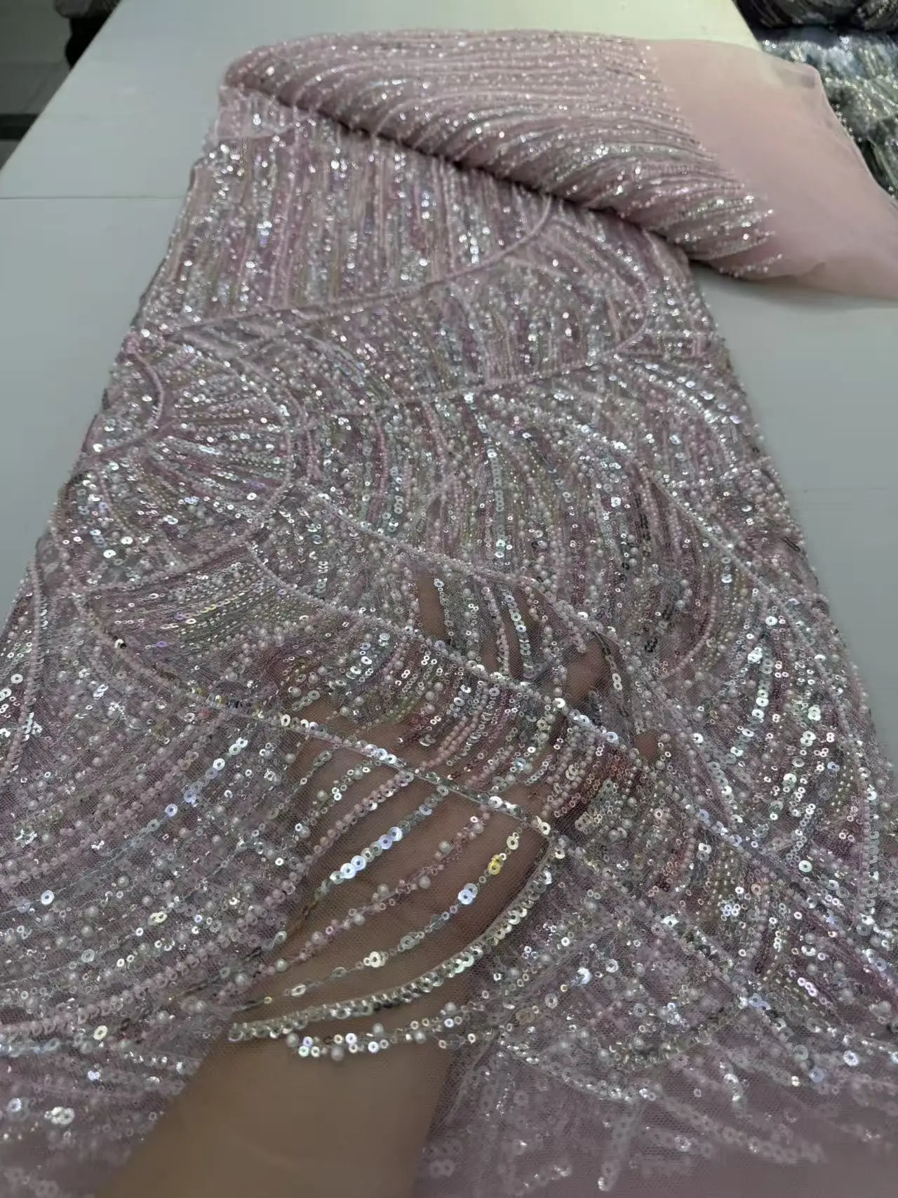 

2025 African Nigerian Sequins Embroidery Tulle Lace Fabric High Quality Beads Stone Prom Dresses Sewing Guipure 5 Yards JY488