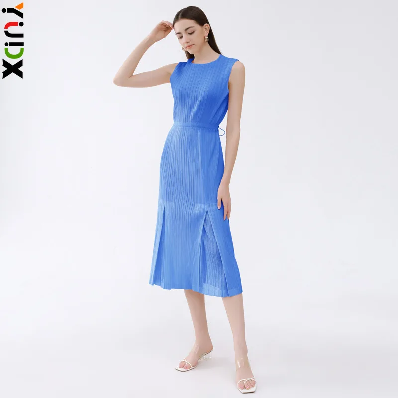 

Miyake Dress Casual Style Japanese and Korean Casual Pleated Slit Miyake Round Neck A-line Skirt Splicing Dress 2023 Summer New