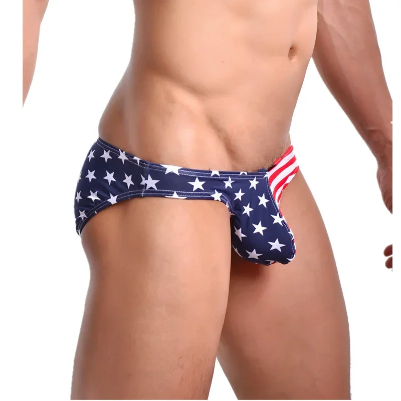 

Мужское сексуальное нижнее белье с выпуклым мешочком, трусики Homme, американский звездный флаг и полосатый узор, трусы с низкой посадкой, трусы-бикини, мужское нижнее белье