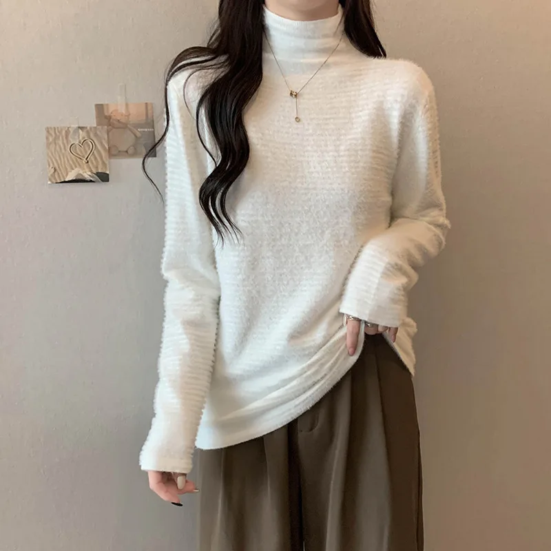 Mink Fur Semi High Neck Lace Plush Slim Fit Small Shirt, 2022 Winter New Fashionable Women's Clothing, Solid Color Base Shirt