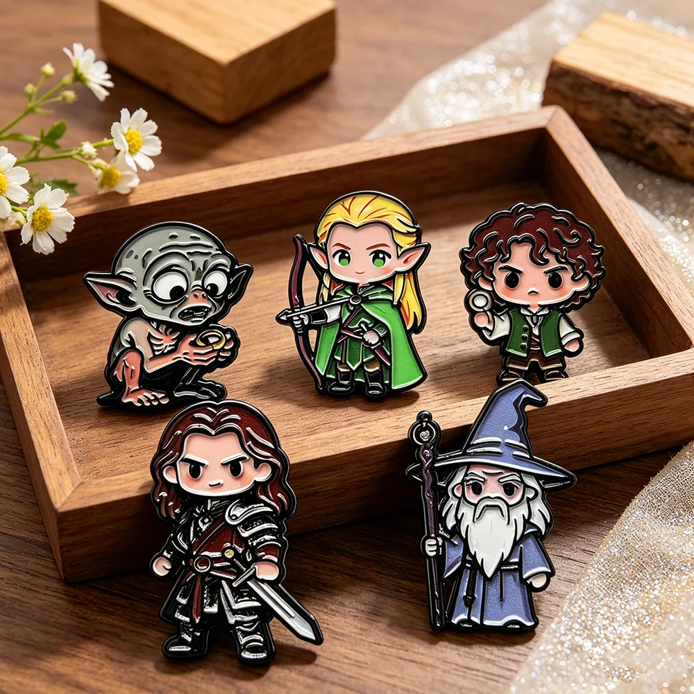 5pcs Fantasy Lord Cartoon Character Enamel Pins Set Wizard Elf Gollum Metal Brooches Collection Decorative Lapel Badges for Bag