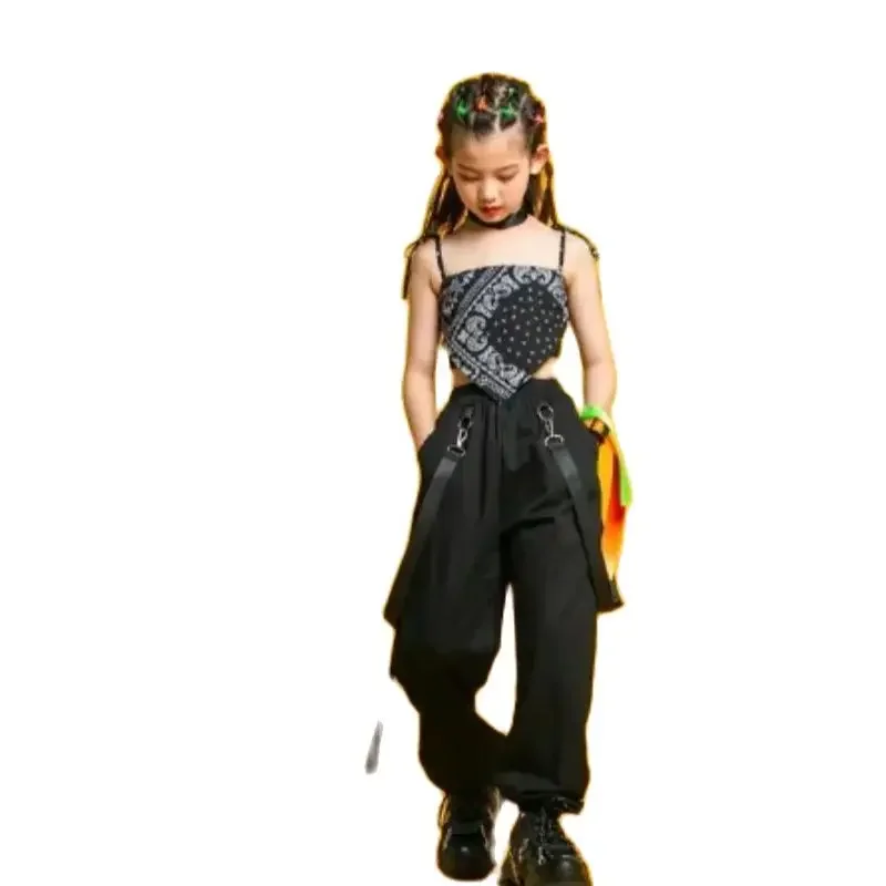 

1set/lot Punk style Hip Hop streetwear costumes short Sleeve T Shirt Pleated Mesh Skirt Pant Girls Jazz Dance Costume