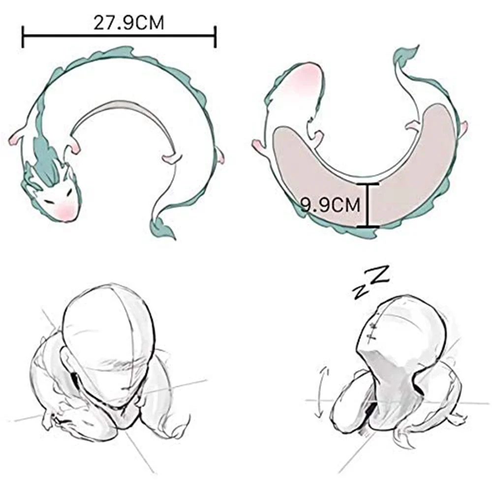 귀여운 화이트 드래곤 목 베개, 일본 애니메이션 봉제 동물 목 베개, 수면 고글 포함, 동물 몸 비행 베개