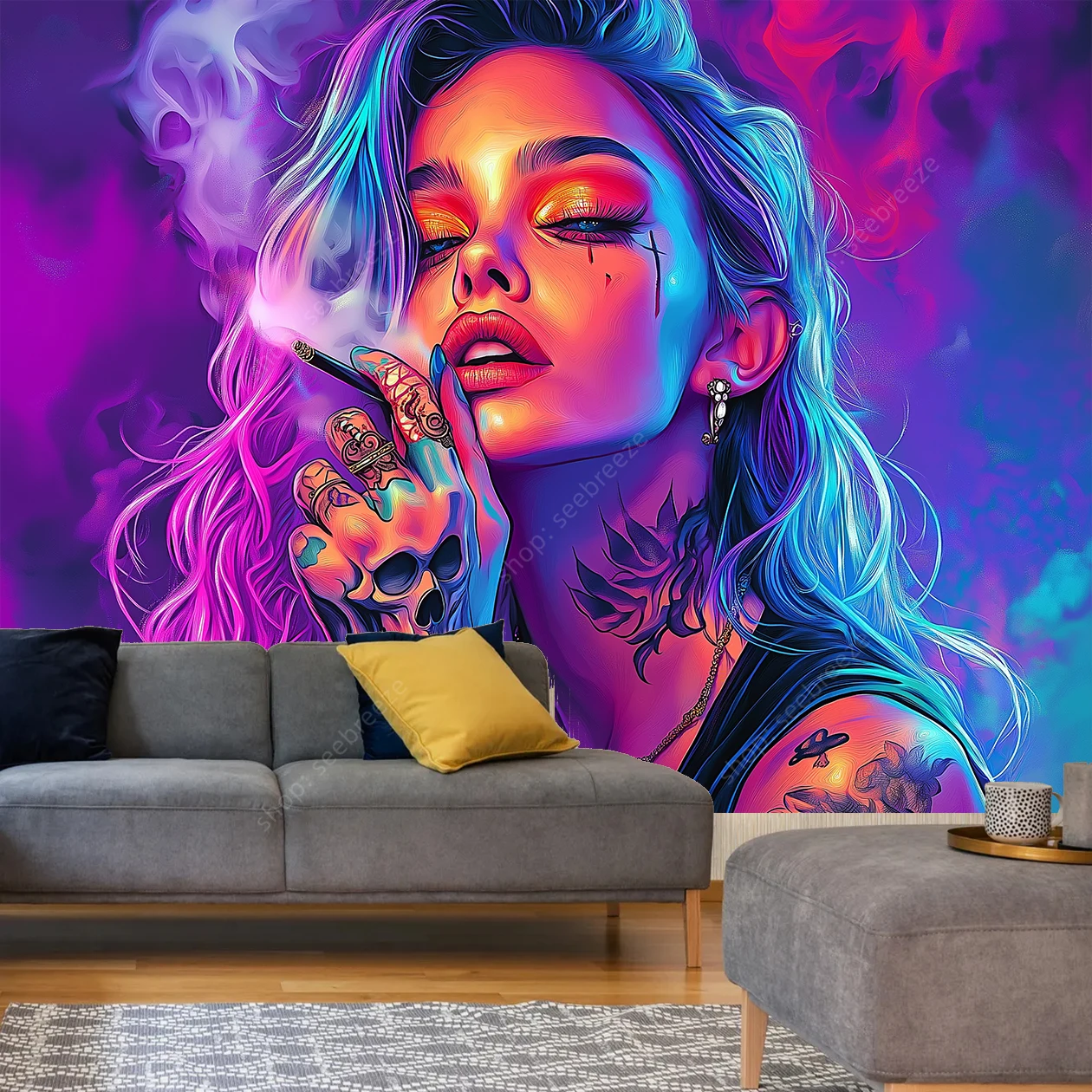 Vibrant Artistic Woman Tattoo Skull Smoke Tapestry Wall Art Modern Bohemian Home Decor Psychedelic Bedroom Studio Aesthetic