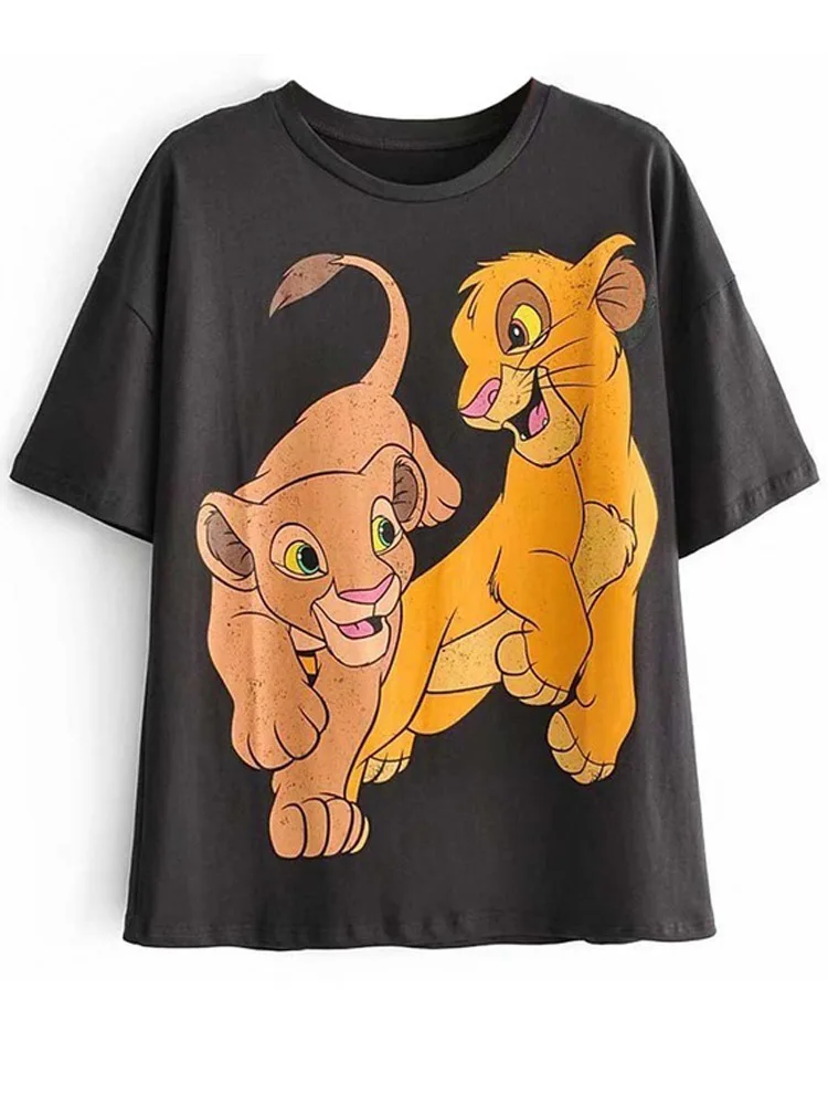 Disney Chic Women Mickey Mouse Donald Duck The Lion King SIMBA Letter Cartoon Print T-Shirt O-Neck Pullover Short Sleeve Tee Top