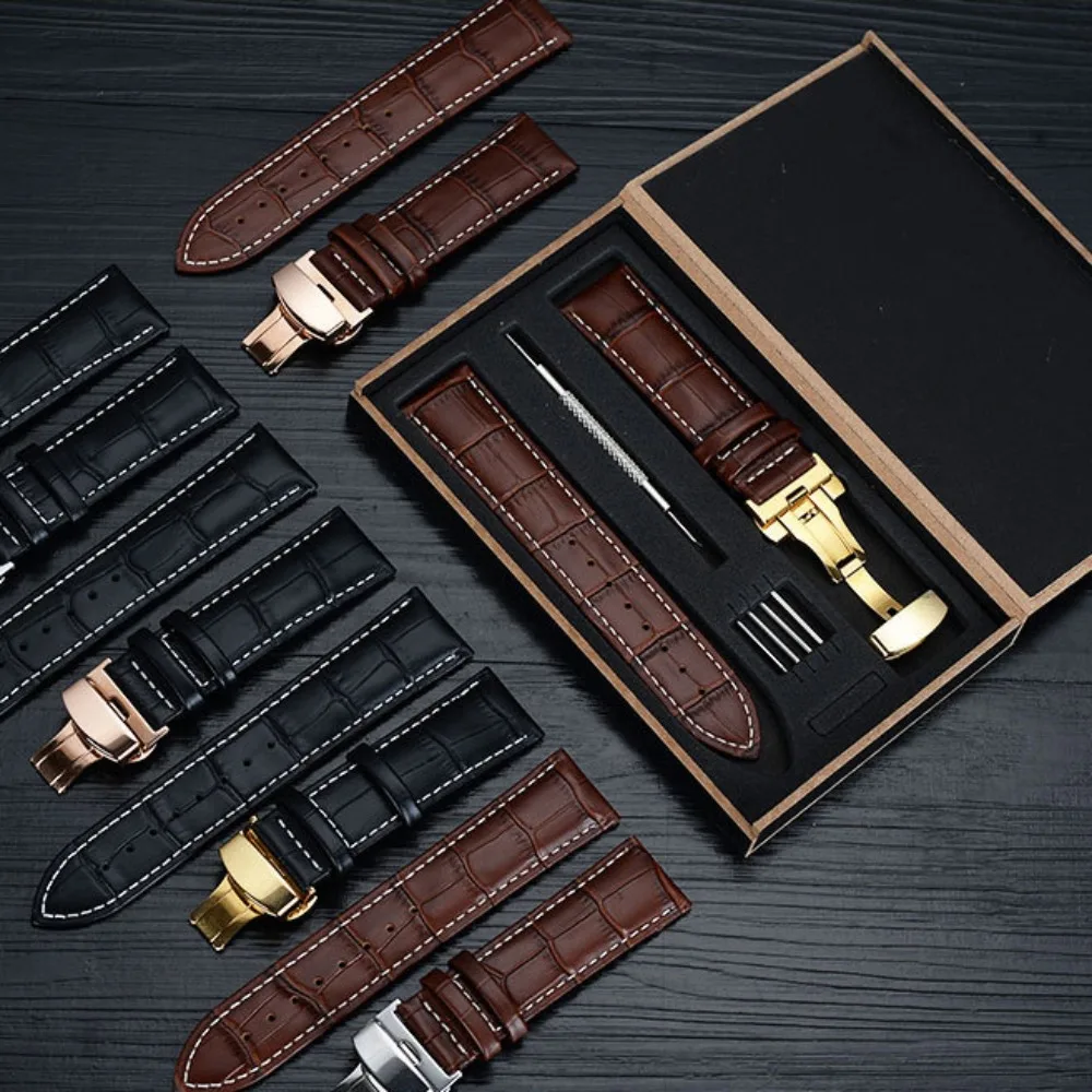 

19mm 20mm 21mm 22mm Full Grain Cow Leather Watchband Adjustable Crocodile Pattern Watch Belt with Gift Box Replacement